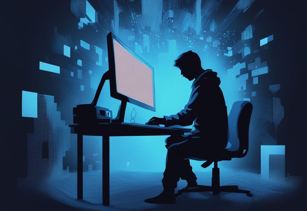 Moderne digitale Illustration in Blau mit einer schattenhaften Silhouette, die anonym Bitcoin am Computer schürft, pixelierte Bitcoin-Logos im dunklen Hintergrund, ist Bitcoin anonym.