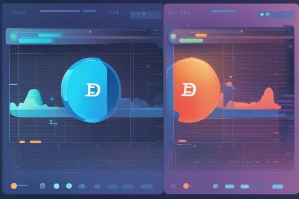 Moderne digitale Malerei mit blauem Farbschema, zeigt geteilten Bildschirm mit CoinTracking in matten Farben und einer lebendigen, benutzerfreundlichen CoinTracking Alternative für Kryptowährungsverfolgung.