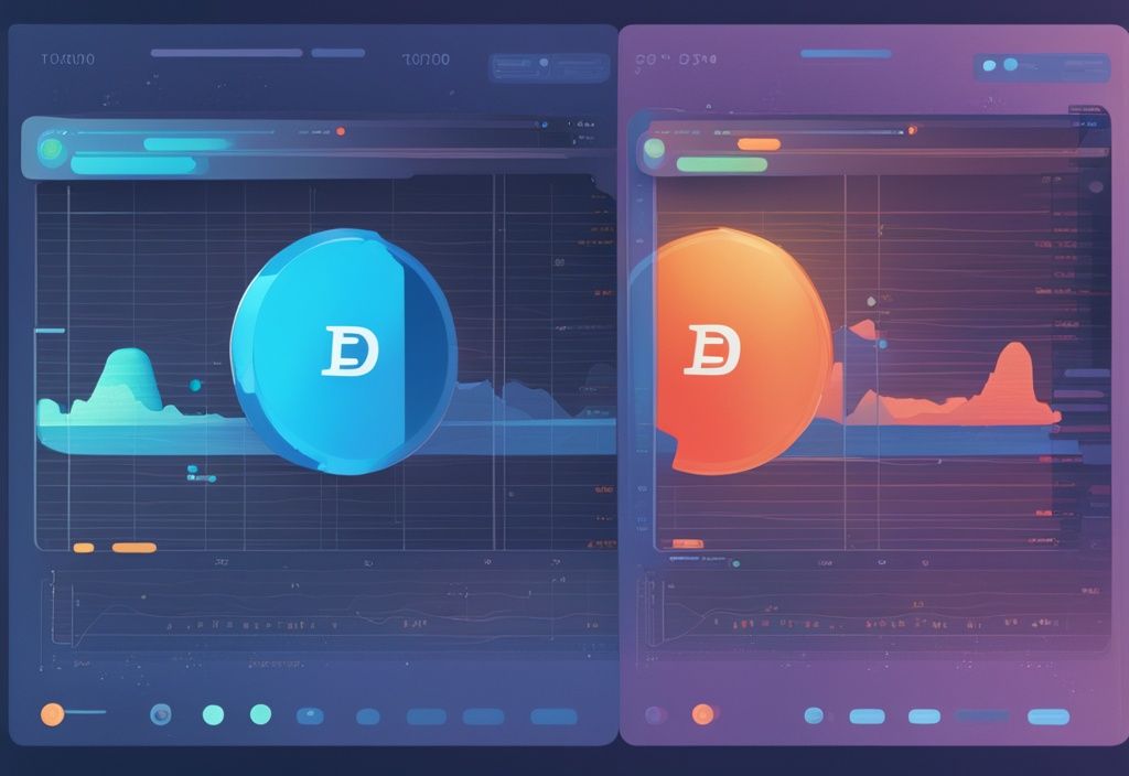 Moderne digitale Malerei mit blauem Farbschema, zeigt geteilten Bildschirm mit CoinTracking in matten Farben und einer lebendigen, benutzerfreundlichen CoinTracking Alternative für Kryptowährungsverfolgung.