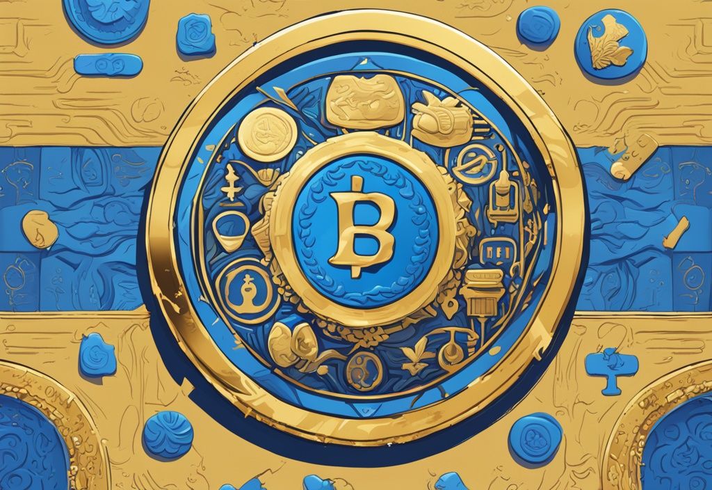 Moderne digitale Malerei mit blauem Farbschema, zeigt eine goldene Münze mit "BonkCon" und umgeben von digitalen Symbolen und Icons, was ist BonkCon Coin.