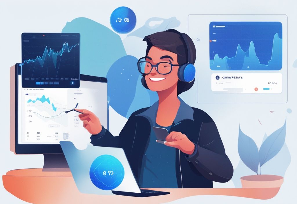 Zufriedener Kunde nutzt Koinly App auf Laptop mit digitalen Analysen und Diagrammen zur Kryptowährungsportfolio-Entwicklung, moderne digitale Illustration in Blau.