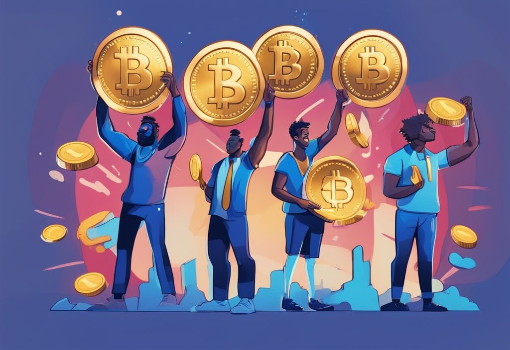 Moderne digitale Malerei mit fünf verschiedenen Personen, die stolz große glänzende Münzen der Top 5 Kryptowährungen in Blau halten.