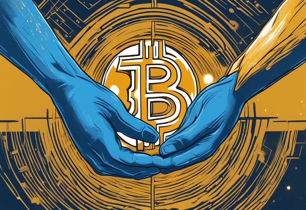 Moderne digitale Illustration mit blauem Farbschema, zwei Hände tauschen einen leuchtenden goldenen Bitcoin, symbolisiert das Geben von Bitcoin.