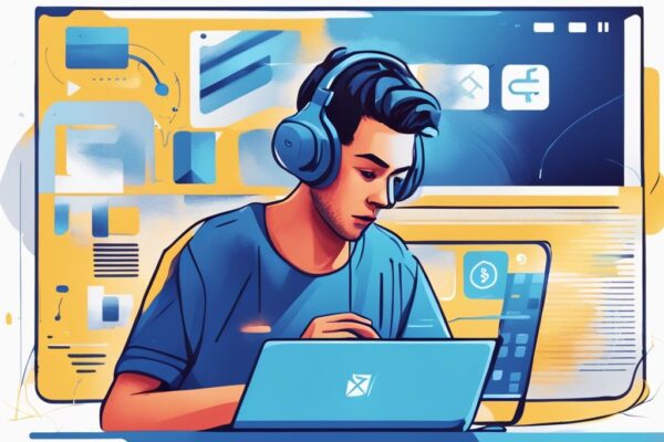 Moderne digitale Malerei, Person am Computer, navigiert durch die Binance-Homepage, Registrierung hervorgehoben, Binance Konto eröffnen