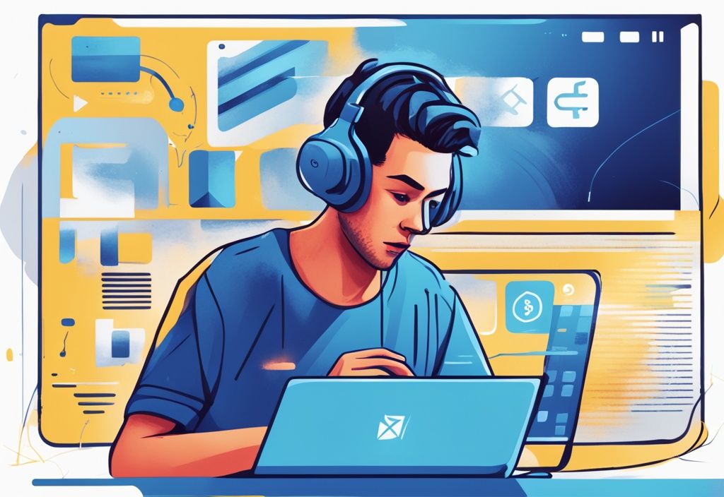 Moderne digitale Malerei, Person am Computer, navigiert durch die Binance-Homepage, Registrierung hervorgehoben, Binance Konto eröffnen