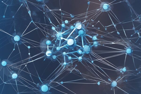 Moderne digitale Malerei mit blauer Farbgebung, zeigt ein Netzwerk von Knoten und Modulen, zentriert auf ein hervorgehobenes Element namens 'Nodex', symbolisiert ein komplexes System; was ist Nodex.