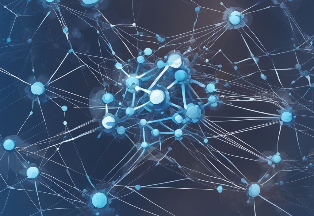 Moderne digitale Malerei mit blauer Farbgebung, zeigt ein Netzwerk von Knoten und Modulen, zentriert auf ein hervorgehobenes Element namens 'Nodex', symbolisiert ein komplexes System; was ist Nodex.