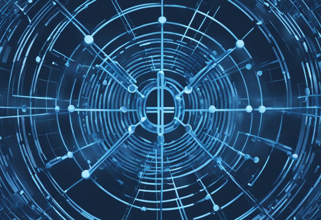 Moderne digitale Illustration mit blauem Farbschema, Cardano-Logo als stilisiertes Unendlichkeitszeichen über einem digitalen Netzwerkgitter, das einer Blockchain ähnelt.