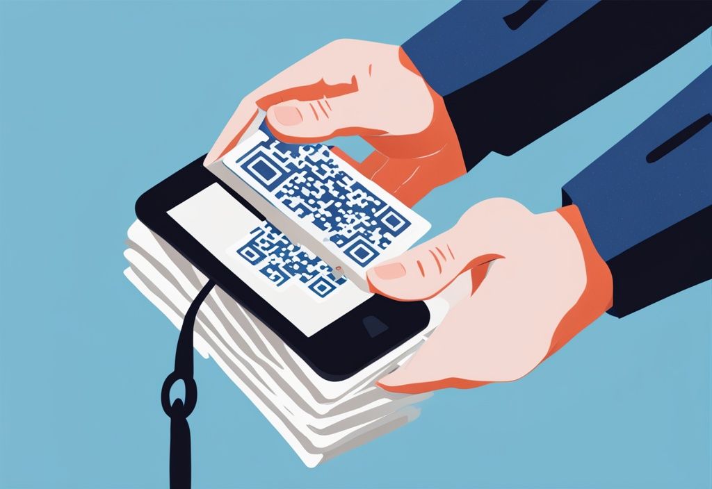 Moderne digitale Malerei, blaue Farbthematik, Hände halten Papier-Wallet und ziehen QR-Code heraus, symbolisiert Abhebung von Papier-Wallet