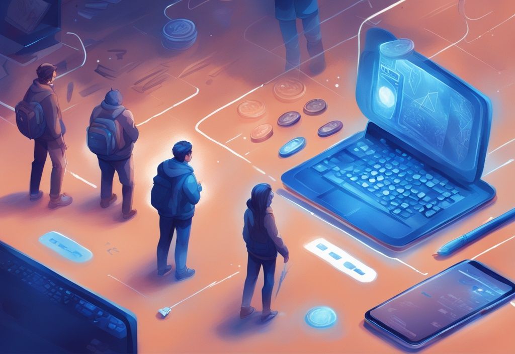 Moderne digitale Malerei mit blauem Farbschema, verschiedene digitale Token auf einem Bildschirm, Definition von Token im Vordergrund beleuchtet, was sind Token