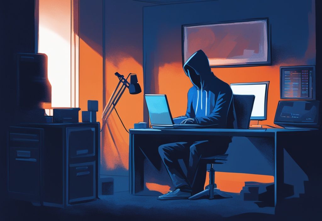 Moderne digitale Malerei mit geheimnisvoller Figur am Computer, Bitcoin-Logo auf dem Bildschirm, blaue Farbthematik, schwach beleuchteter Raum