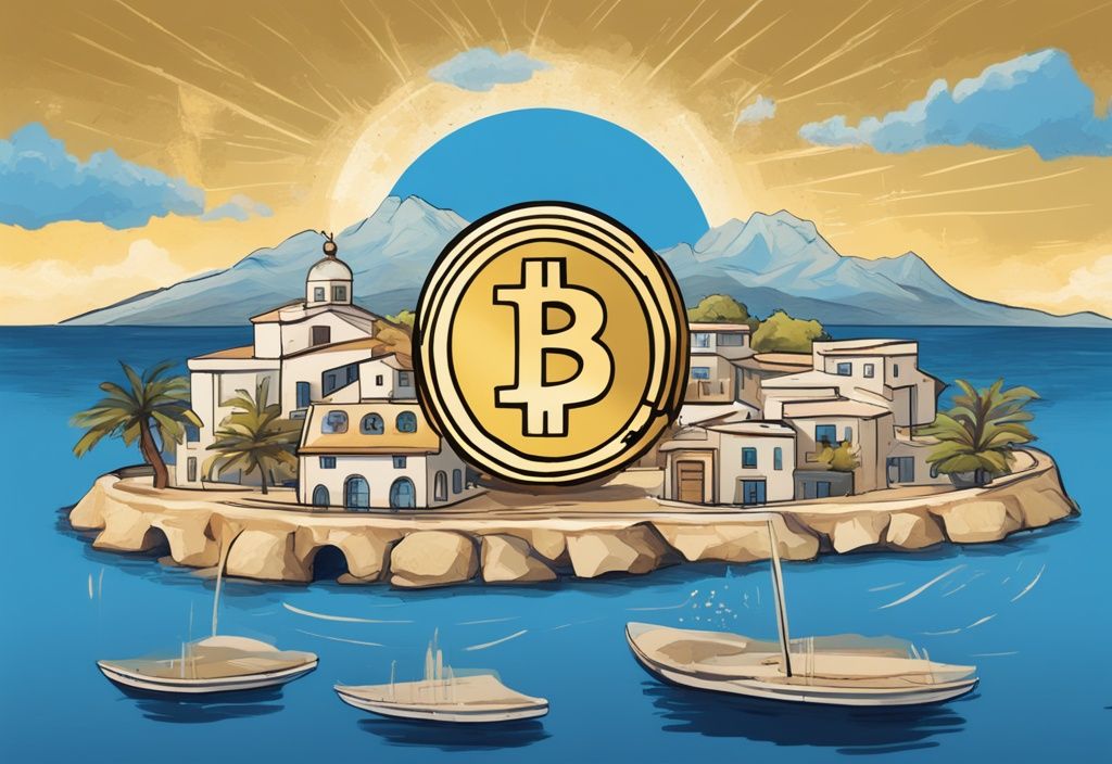 Moderne digitale Illustration mit blauem Thema zeigt Zypern Landschaft, im Vordergrund goldener Bitcoin umgeben von symbolischen Darstellungen für Steuern, Zypern Krypto Steuern.