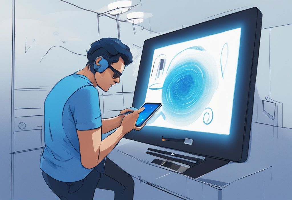 Moderne digitale Malerei, blaue Farbthematik, Schritt-für-Schritt-Demonstration eines Benutzers, der einen Test auf einer Electrum Wallet auf einem digitalen Gerät durchführt.