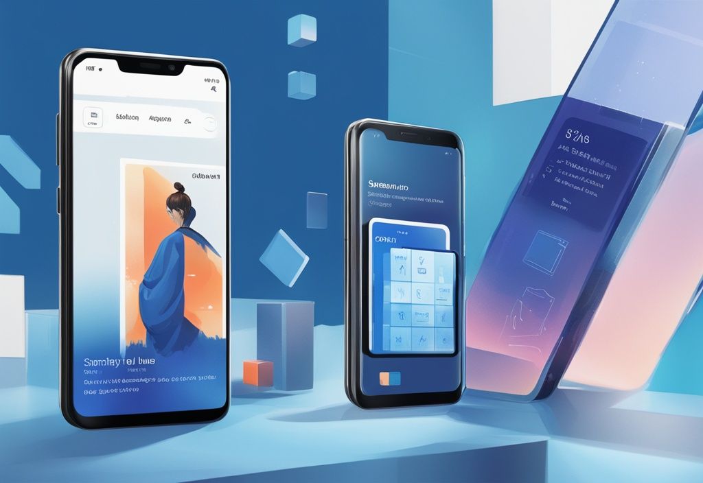 Moderne digitale Malerei mit Samsung-Smartphone und geöffneter Samsung Blockchain Keystore App, die Benutzeroberfläche und Funktionen zeigt, was ist Samsung Blockchain Keystore