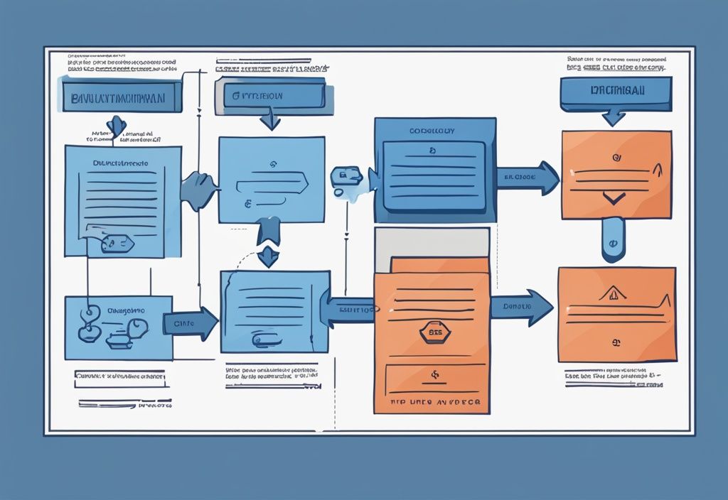 Moderne digitale Malerei mit blauem Farbschema, Flussdiagramm des Blockchain-Abhebungsprozesses, hervorgehobener Bereich für Gebühren