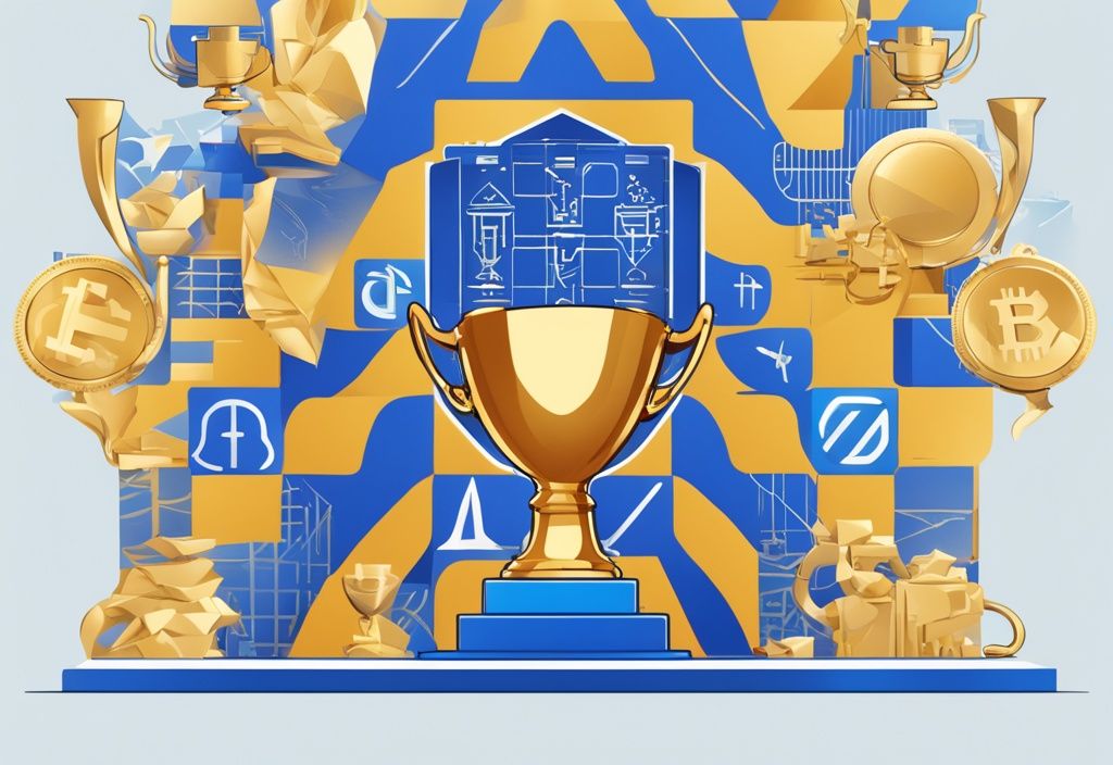 Goldene Trophäe mit Blockchain-Symbol auf Podest, umgeben von ETF-Logos, moderne digitale Illustration in Blau.