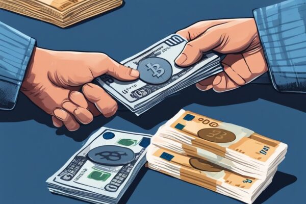 Moderne digitale Illustration: Hände tauschen Bitcoin gegen Euro auf schlichtem Schreibtisch