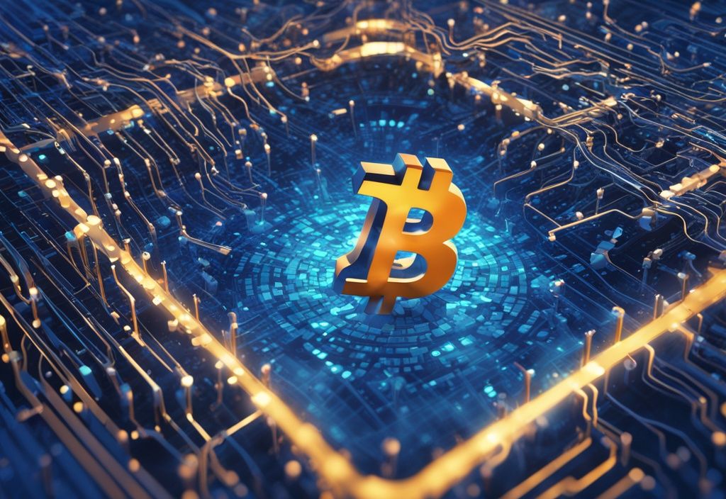 Moderne digitale Malerei mit blauem Thema, zeigt eine digitale Matrix im Hintergrund und ein dreidimensionales, metallisches Full Node Logo, umgeben von sichtbaren Ketten aus Binärcode, die Bitcoin-Transaktionen darstellen.