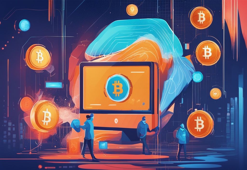 Moderne digitale Illustration in Blau zeigt einen Bildschirm mit einer Blockchain-Transaktion, die eine beträchtliche Menge an Kryptowährung als Nachweis von Geldern verifiziert.