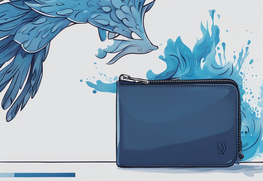 Moderne digitale Illustration eines blauen Phoenix-Geldbeutels, der in einer kontrollierten Umgebung auf Haltbarkeit, Wasserbeständigkeit und RFID-Schutz getestet wird.