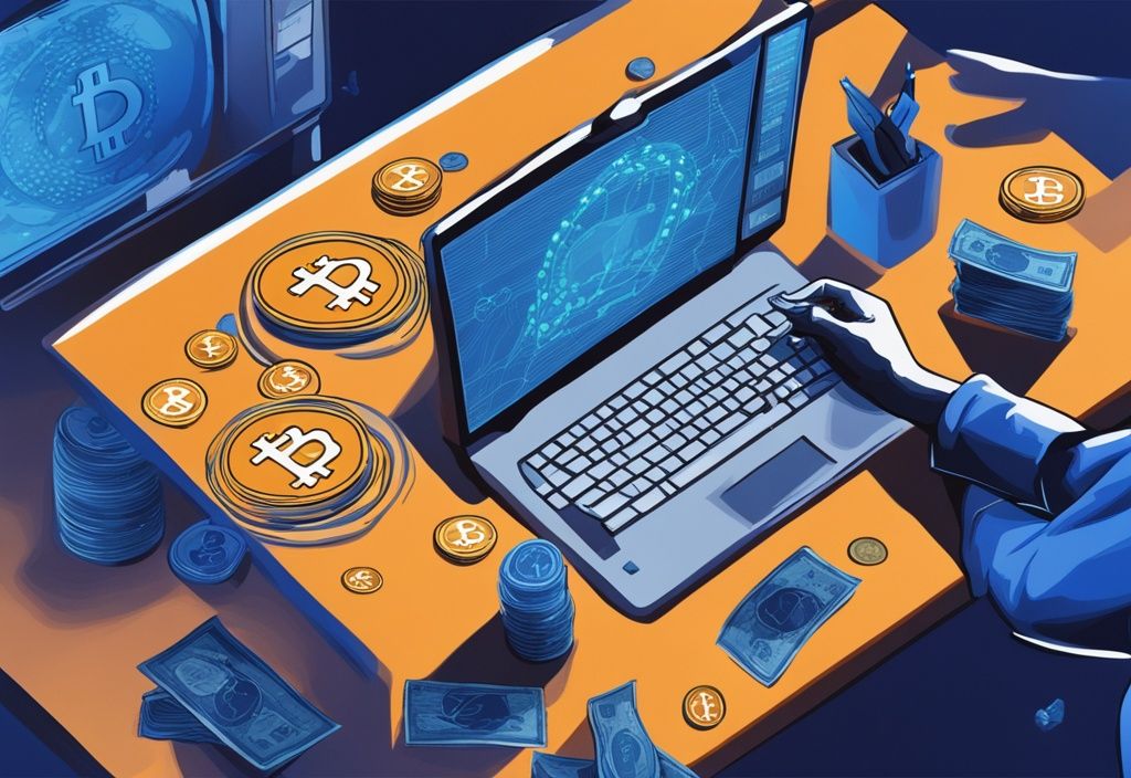 Moderne digitale Illustration eines Handels mit physischen Bitcoin-Münzen gegen Euro auf einer Währungsplattform am Computer, Hauptfarbe Blau.