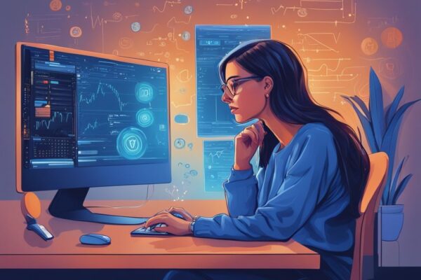 Moderne digitale Malerei einer Anfängerinvestorin, die an ihrem Computer sitzt und eine vereinfachte grafische Kryptowährung Erklärung für Anfänger auf ihrem Bildschirm studiert.