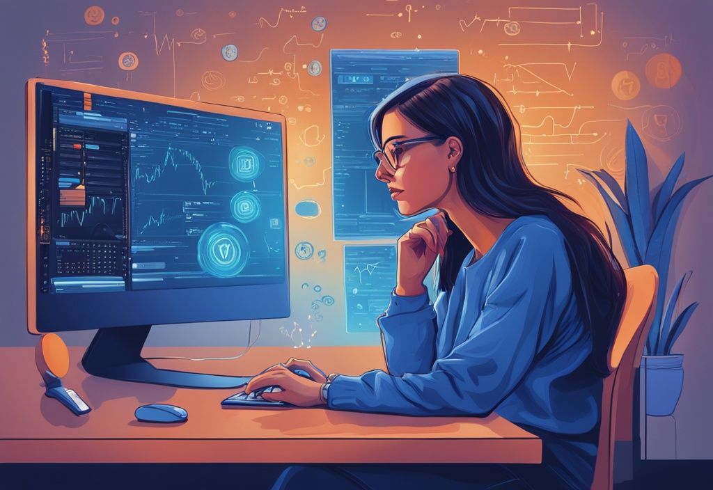 Moderne digitale Malerei einer Anfängerinvestorin, die an ihrem Computer sitzt und eine vereinfachte grafische Kryptowährung Erklärung für Anfänger auf ihrem Bildschirm studiert.