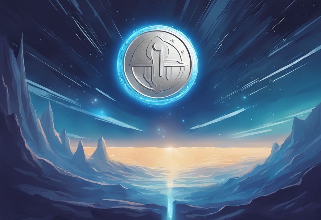 Futuristische Silbermünze mit SafeMoon-Logo, glitzernd unter den himmlischen Lichtern, moderne digitale Malerei in Blau.