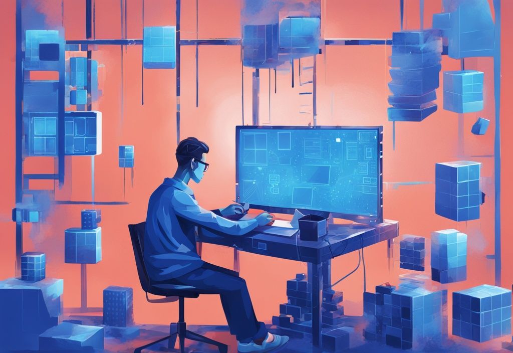 Person am Computer, die eine eigene Blockchain erstellt, moderne digitale Malerei, Hauptfarbe Blau