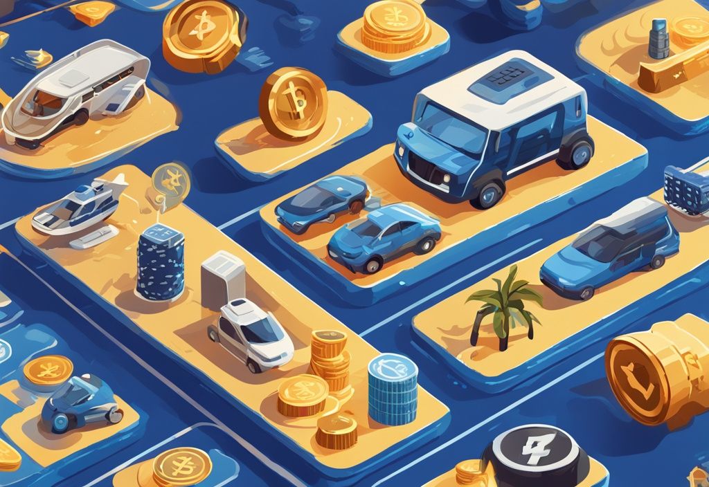 Moderne digitale Malerei mit blauem Farbschema, die verschiedene Tokenarten wie Kryptowährung, Gaming und Transport darstellt, jeweils mit einer kurzen Beschreibung darunter.