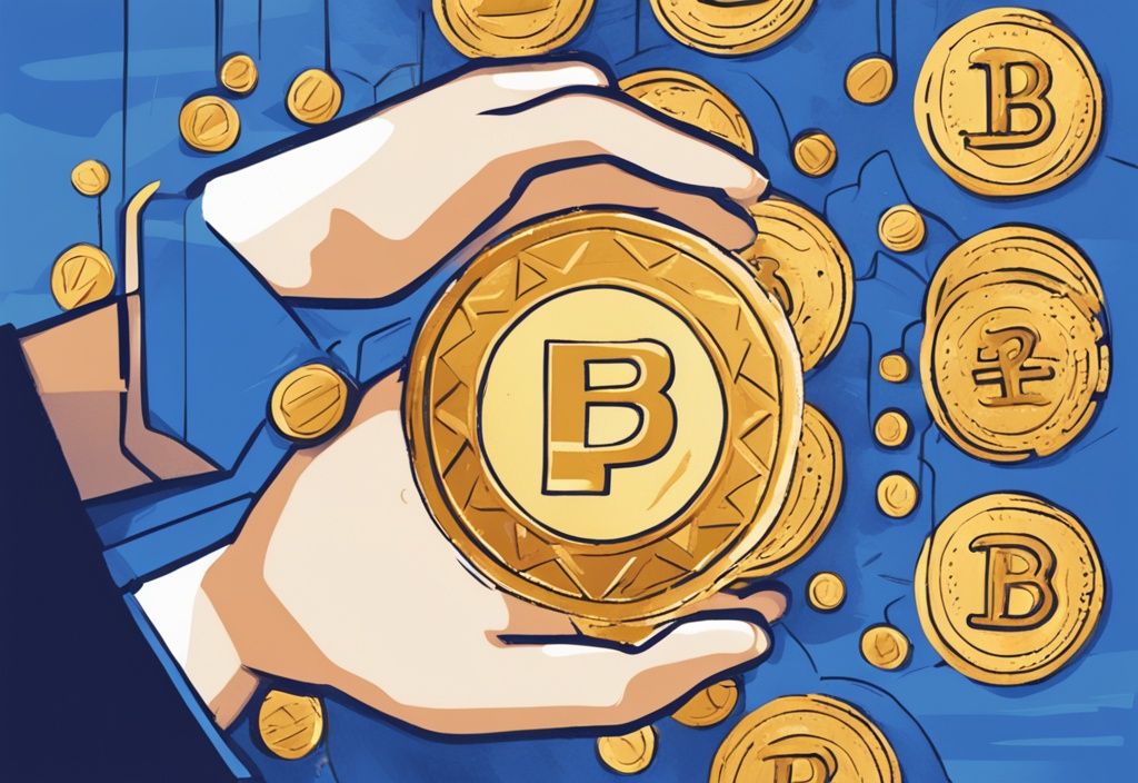 Moderne digitale Illustration: Hand legt goldene Münze mit Bitpanda-Logo in sicheren Tresor, symbolisiert Einlagenschutz, Hauptfarbe Blau