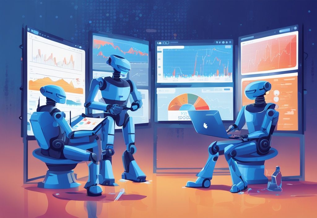 Moderne digitale Illustration mit blauen Farbtönen, stilvolle, schlanke Krypto Trading Bots analysieren Diagramme und Grafiken zu Kryptowährungsmarkttrends auf digitalen Bildschirmen.