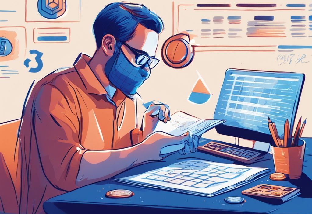 Moderne digitale Illustration mit blauem Farbschema: Ein Anfänger-Investor studiert ein Handbuch über Krypto-Investitionen, mit verschiedenen Kryptowährungsmünzen und einem Taschenrechner auf dem Schreibtisch. Keyword: wie viel in Krypto investieren Anfänger.