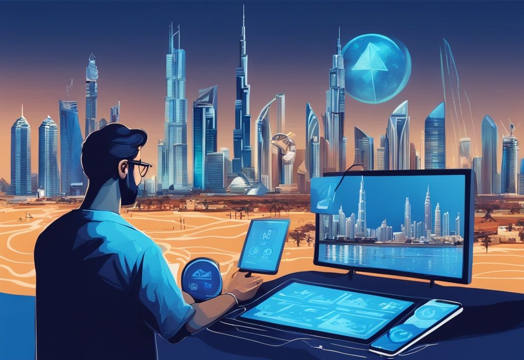 Moderne digitale Illustration mit blauem Farbschema, die die Skyline von Dubai zeigt, während ein Mann im Vordergrund einen digitalen Bildschirm mit Kryptowährungssymbolen und Steuersätzen inspiziert - Dubai Krypto Steuern.