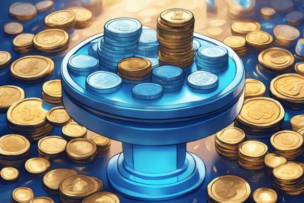 Moderne digitale Malerei mit blauen Farbtönen, digitale Münzen auf einem leuchtenden Podest, jede mit ihrem Logo versehen, die besten Staking Coins darstellend.