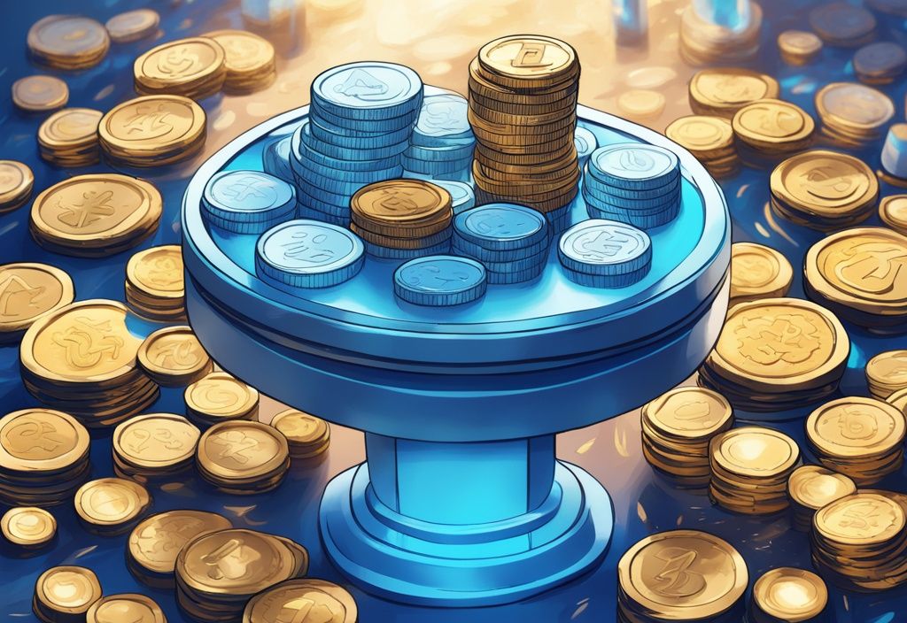 Moderne digitale Malerei mit blauen Farbtönen, digitale Münzen auf einem leuchtenden Podest, jede mit ihrem Logo versehen, die besten Staking Coins darstellend.