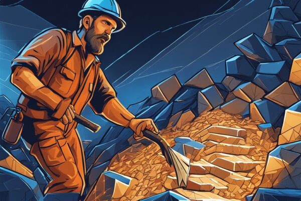 Wie lange dauert es einen Bitcoin zu minen? – Experten-Tipps & Guide Moderner digitaler Malerei-Illustration eines Miners mit Spitzhacke, der an einer großen digitalen Blockchain-Wand arbeitet, mit einem Ticker darüber, der eine zunehmende Zeitdauer anzeigt; wie lange dauert es einen Bitcoin zu minen.