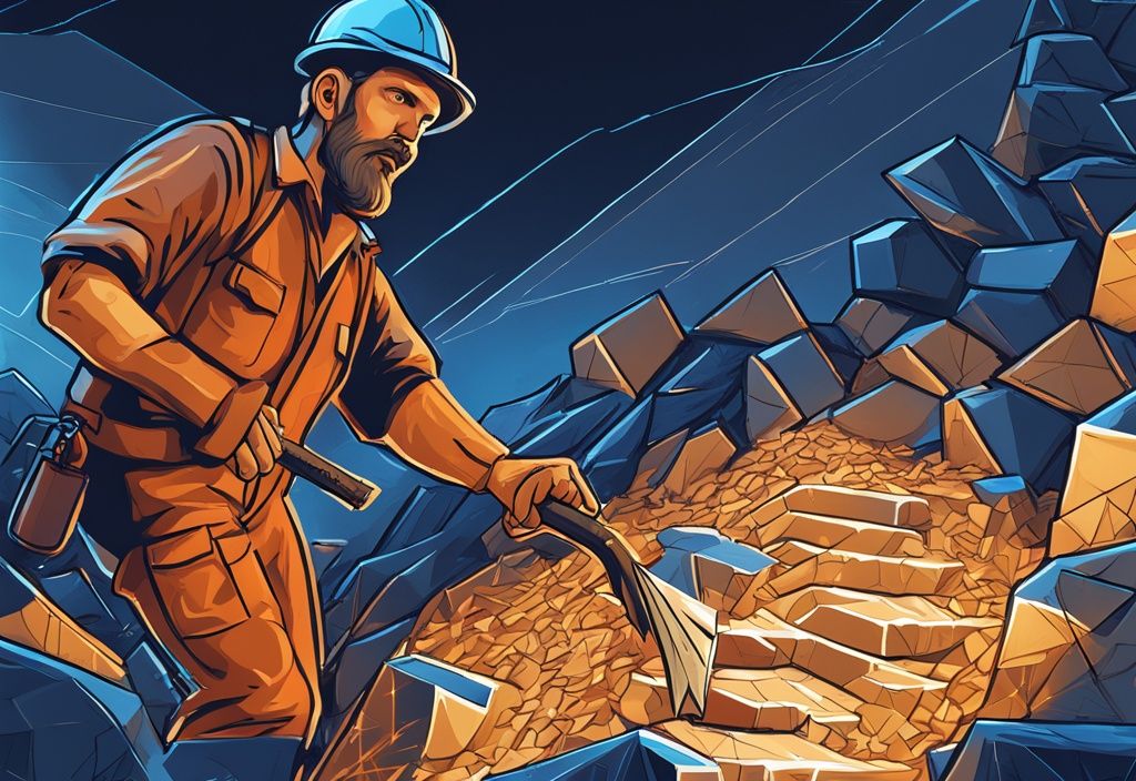 Moderner digitaler Malerei-Illustration eines Miners mit Spitzhacke, der an einer großen digitalen Blockchain-Wand arbeitet, mit einem Ticker darüber, der eine zunehmende Zeitdauer anzeigt; wie lange dauert es einen Bitcoin zu minen.