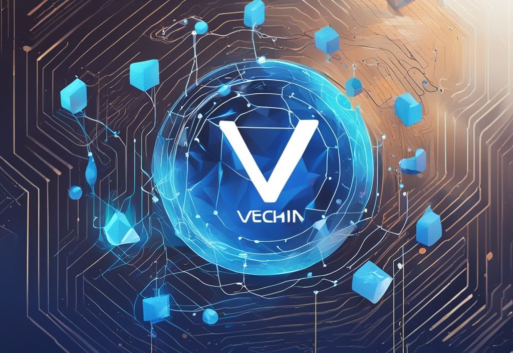 Moderne digitale Illustration von VeChain Coin, umgeben von Netzwerkknoten und digitalen Elementen, die das Konzept von Blockchain und Kryptowährung vermitteln, in blauer Farbgebung.