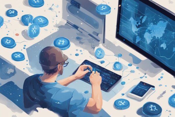 Moderne digitale Illustration mit Blau als Hauptfarbe, zeigt eine Karte von Österreich mit Blockchain-Bildern und Kryptowährungsmünzen, während eine Figur Krypto Steuern Österreich auf einem digitalen Bildschirm berechnet.