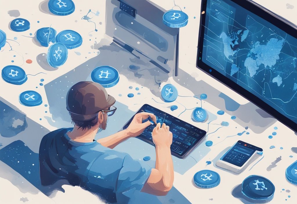 Moderne digitale Illustration mit Blau als Hauptfarbe, zeigt eine Karte von Österreich mit Blockchain-Bildern und Kryptowährungsmünzen, während eine Figur Krypto Steuern Österreich auf einem digitalen Bildschirm berechnet.