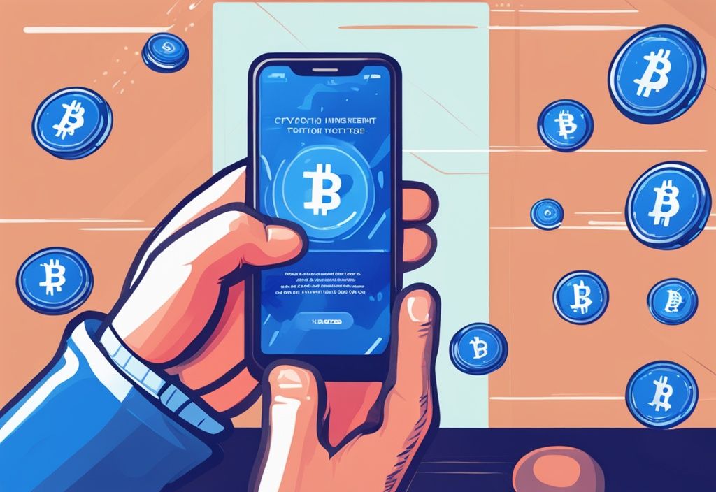 Moderne digitale Malerei, Hand hält Smartphone mit Krypto-Investitions-App, erfolgreicher Transaktion von 100 Euro in Kryptowährung angezeigt, Hauptfarbe Blau