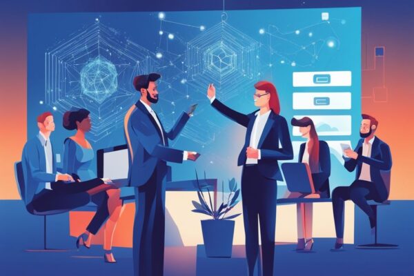 Moderne digitale Malerei mit blauem Farbschema: Eine diverse Gruppe von Fachleuten diskutiert begeistert um einen digitalen Bildschirm, der ein komplexes Blockchain-Netzwerk anzeigt, symbolisiert ihre Blockchain Access UK Ltd Erfahrungen.