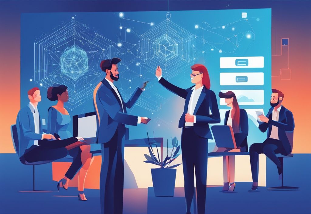 Moderne digitale Malerei mit blauem Farbschema: Eine diverse Gruppe von Fachleuten diskutiert begeistert um einen digitalen Bildschirm, der ein komplexes Blockchain-Netzwerk anzeigt, symbolisiert ihre Blockchain Access UK Ltd Erfahrungen.