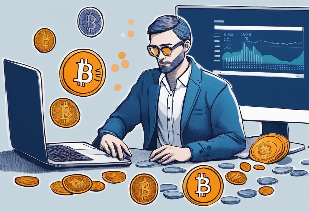 Person in traditioneller Schweizer Tracht untersucht Bitcoin-Münze, Laptop im Hintergrund zeigt Kryptowährungssteuer-Diagramme