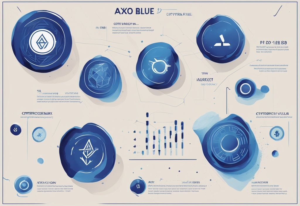 Moderne digitale Malerei mit blauem Farbschema, die Axo Coin und eine einfache, freundliche Infografik zur Erklärung des Zwecks und der Funktion der Kryptowährung darstellt.
