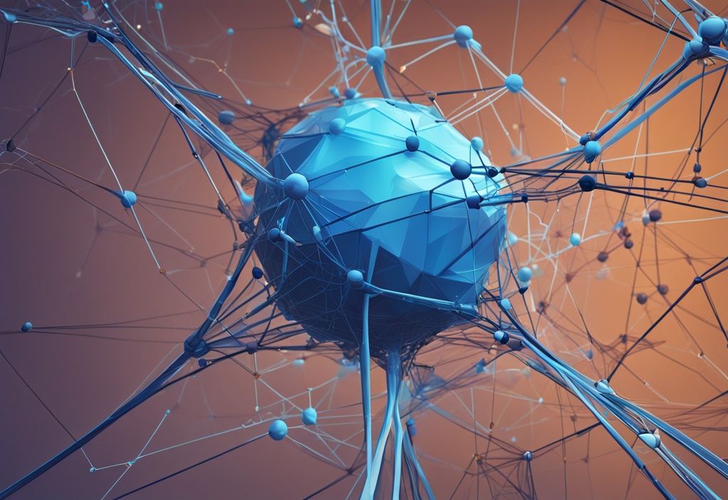 Moderne digitale Illustration mit blauem Farbschema, zeigt ein Netzwerk von futuristischen, miteinander verbundenen Knoten in einem 3D-Raum, repräsentiert dezentrale Web3-Technologie.