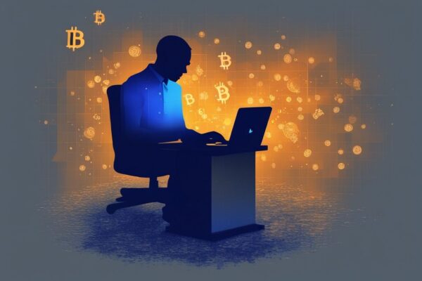 Moderne digitale Illustration in Blau mit einer schattenhaften Silhouette, die anonym Bitcoin auf einem Computer schürft, pixelierte Bitcoin-Logos im dunklen Hintergrund, ist Bitcoin anonym