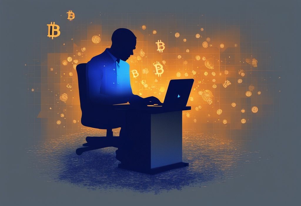 Moderne digitale Illustration in Blau mit einer schattenhaften Silhouette, die anonym Bitcoin auf einem Computer schürft, pixelierte Bitcoin-Logos im dunklen Hintergrund, ist Bitcoin anonym
