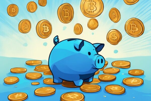 Digitales Gemälde mit blauem Thema, das ein Sparschwein zeigt, in das Kryptowährungsmünzen fallen, und einen stetig wachsenden Stapel im Inneren darstellt; ideal für Krypto Sparplan.